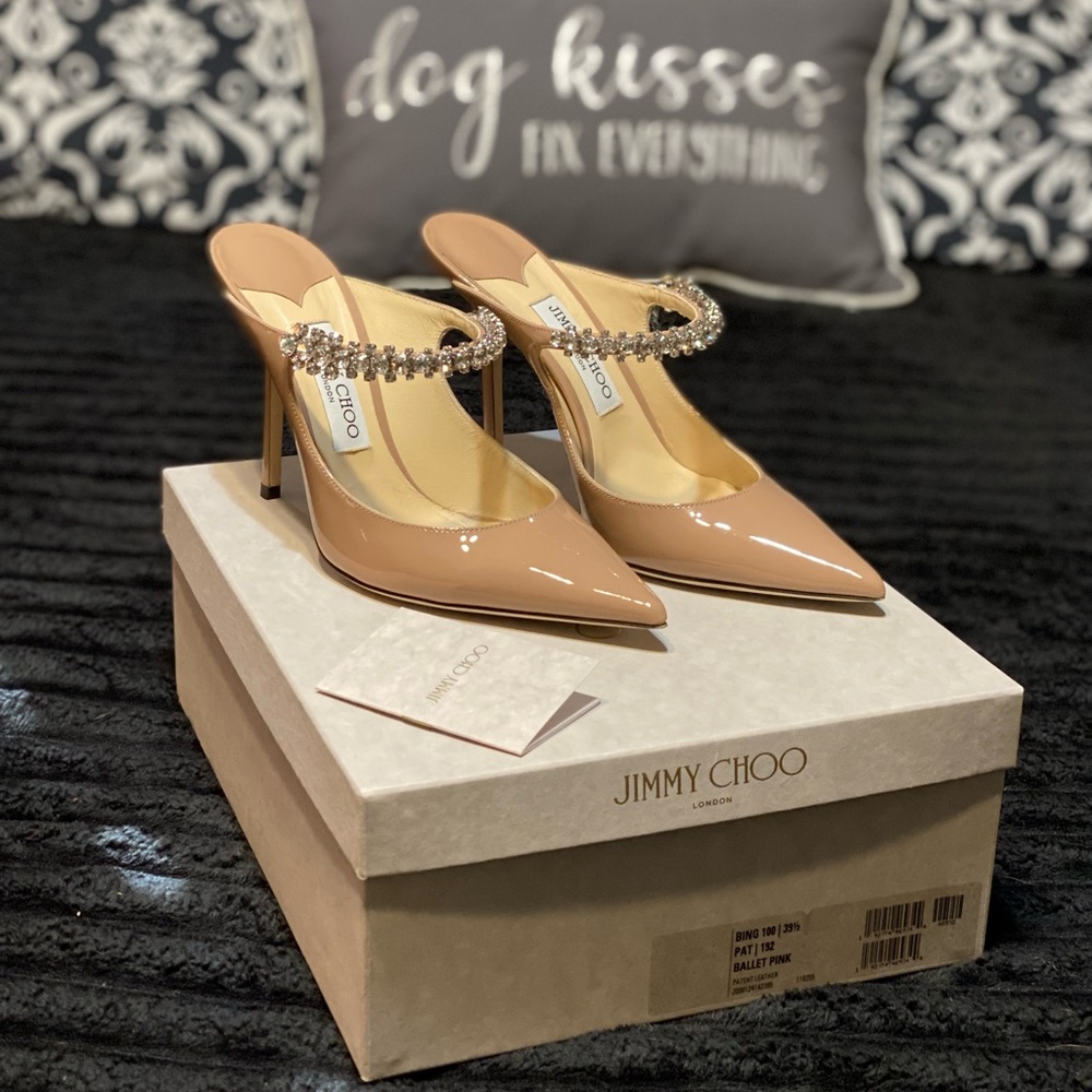 Jimmy Choo Nude Patent Leather Heels with Crystal Strap